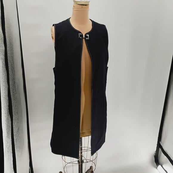 ZARA LONG dark blue vest open clasp contrast stitch long lined vest open front - Picture 3 of 12